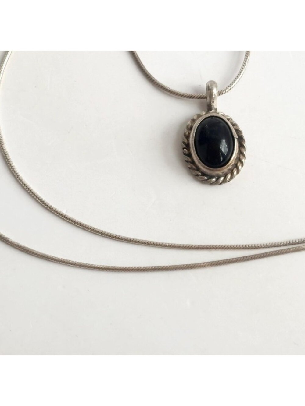 Art Deco Black Onyx Rope Sterling Silver 925 Oval Vintage Pendant Necklace - 16" - Picture 6 of 16